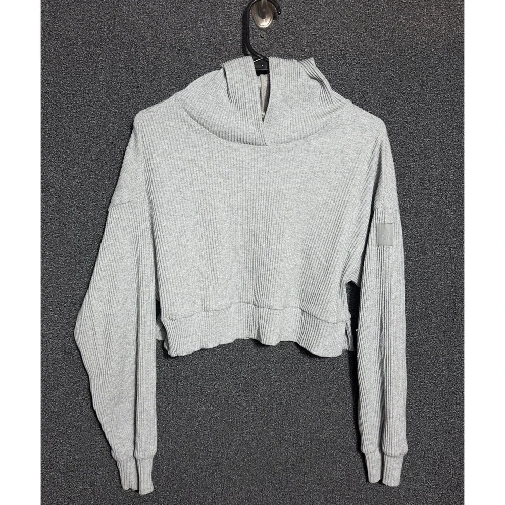 Alo Yoga Hoodie Womens XS Gray Ribbed Cropped Pullover Sweatshirt Lounge Top